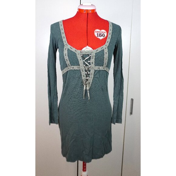Urban Outfitters "Maxeene" Long Sleeve Lace-Up Mini Dress with Crochet Trim - Picture 1 of 8